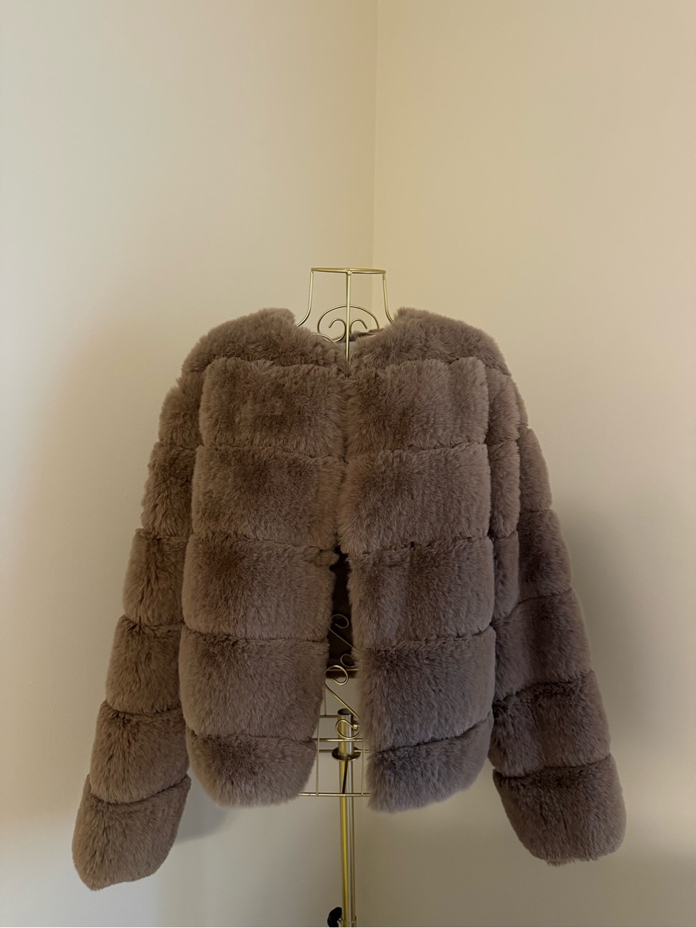 Fashion Nova Plush Faux Fur Teddy Jacket in Taupe